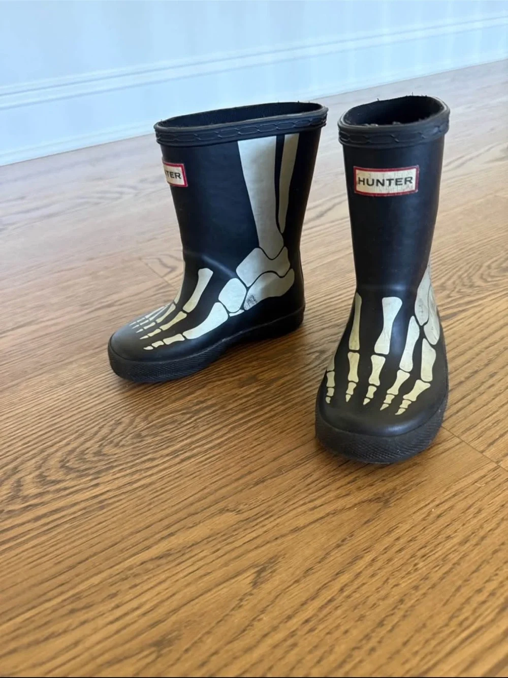 Hunter Kids Black Rain Boots with Skeleton Foot Print